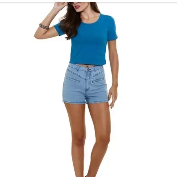 Victoria’s Secret Tee SHOP PEACOCK BLUE COTTON BLEND STRETCHABLE CROPPED Sz M - Picture 1 of 10